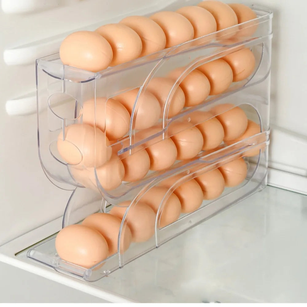 Organizador de huevos con rodillo automático ahorrador de espacio en cocina