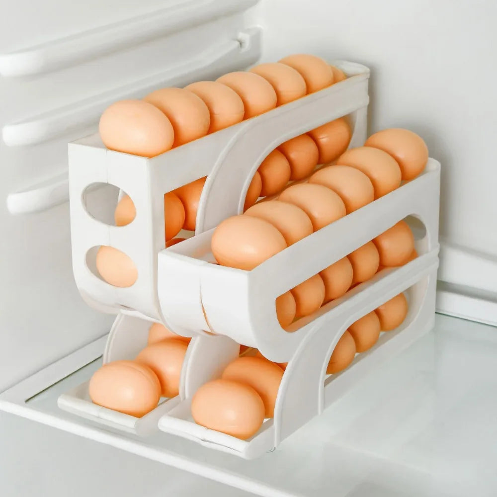 Organizador de huevos con rodillo automático ahorrador de espacio en cocina